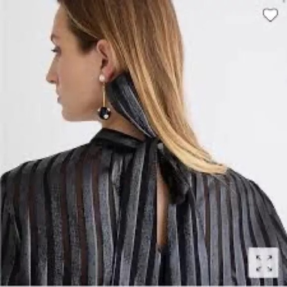 NWT J. Crew SMALL Silk Metallic Chiffon Mockneck Top Blouse Black Long Holiday - Picture 2 of 8